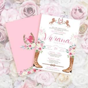 Pink Roses Floral Boots Western Charra Quinceanera Invitation