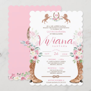 Pink Roses Floral Boots Western Charro Quinceañera Invitation