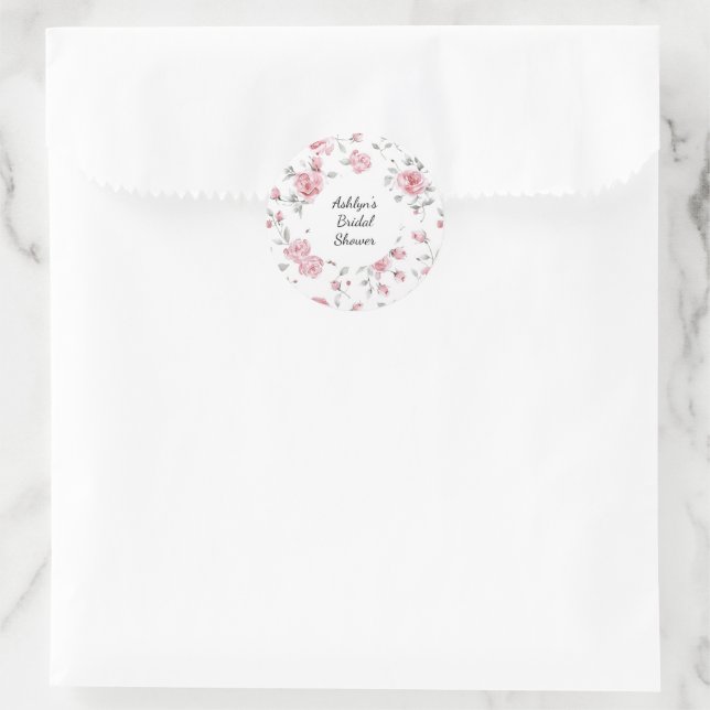 Pink Roses Floral Bridal Shower Classic Round Sticker (Bag)