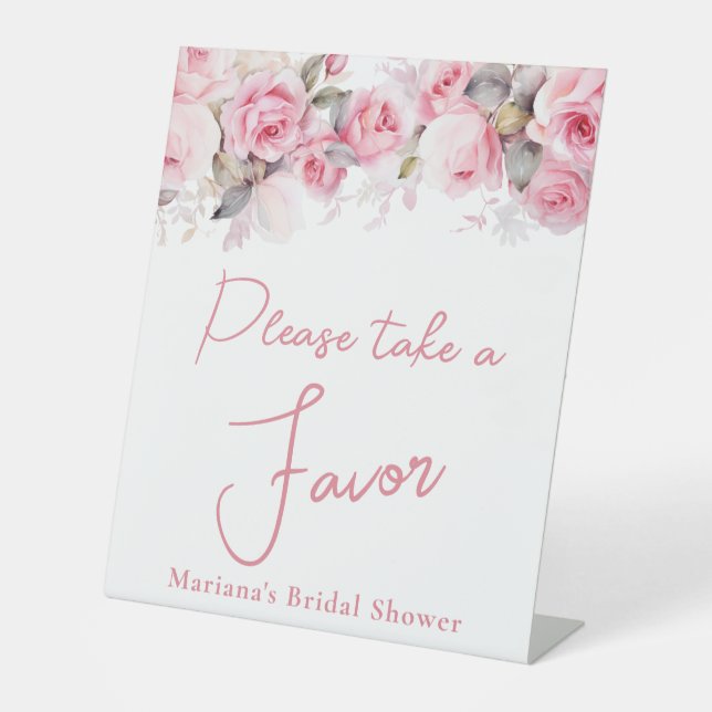 Pink Roses Floral Bridal Shower Favor Pedestal Sign (Front)