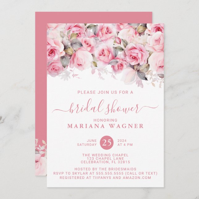 Pink Roses Floral Bridal Shower Invitation (Front/Back)