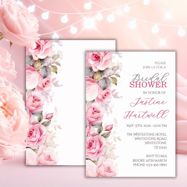Pink Roses Floral Bridal Shower ~ Invitation (Creator Uploaded)