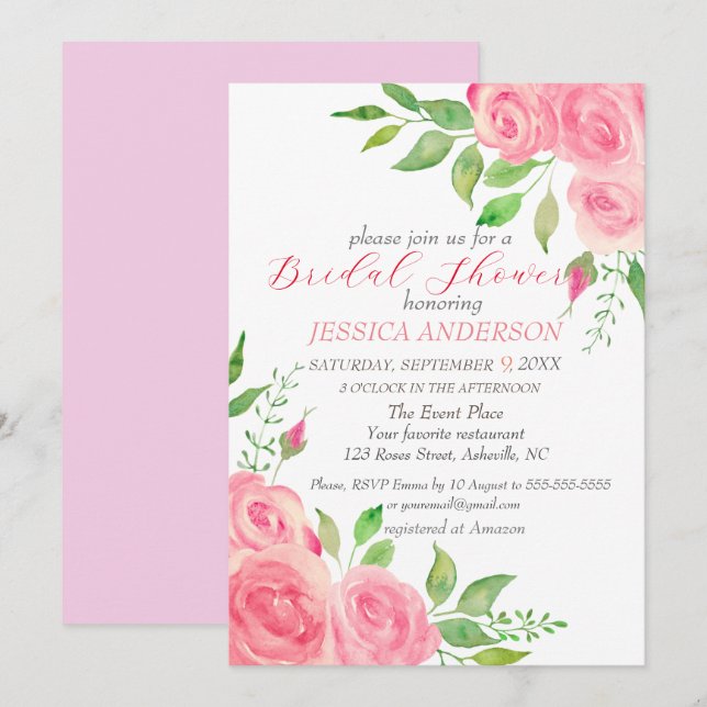 Pink Roses Floral Bridal Shower Invitation (Front/Back)