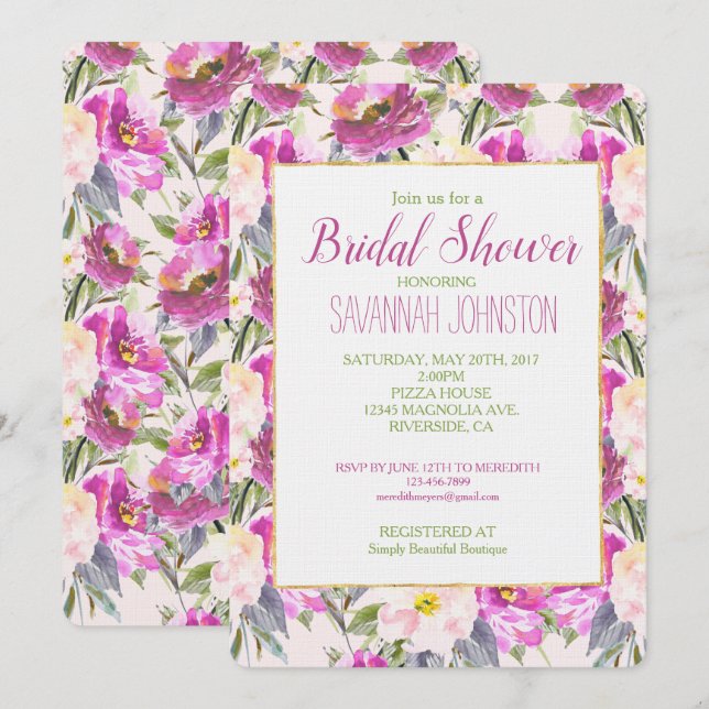 Pink Roses Floral Bridal Shower Invitation (Front/Back)