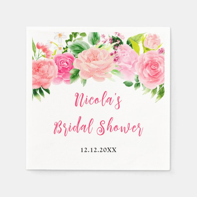 Pink Roses Floral Bridal Shower Napkin (Front)