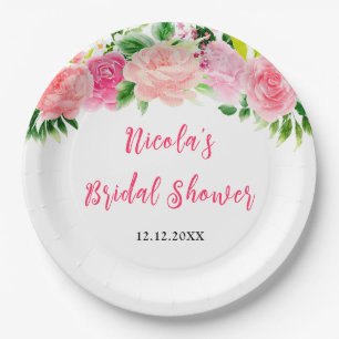 Pink Roses Floral Bridal Shower Paper Plate