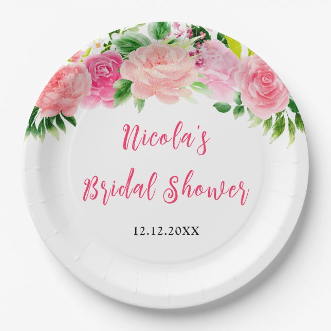 Pink Roses Floral Bridal Shower Paper Plate (Front)