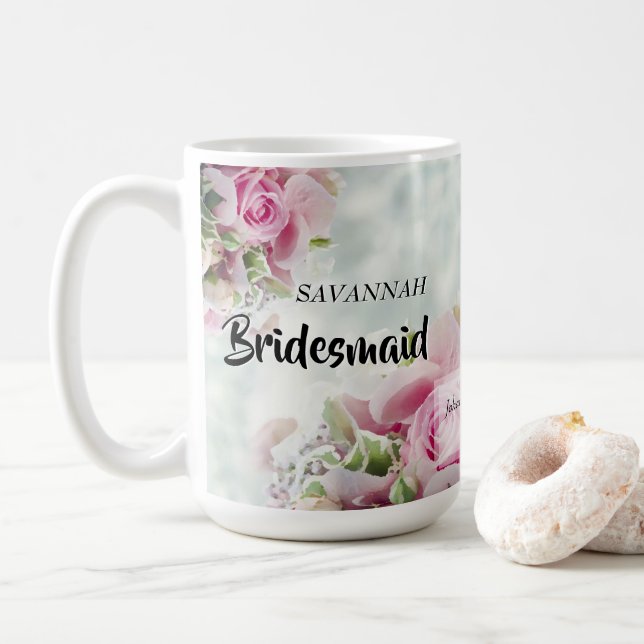 Pink Roses Floral Bridesmaid Wedding Favour Coffee Mug (With Donut)
