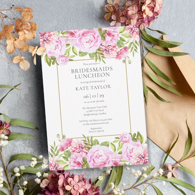 Pink Roses Floral Bridesmaids Luncheon Invitation (Pink Roses Floral Bridesmaids Luncheon Invitation)