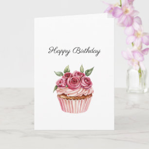 Pink Roses Floral Cupcakes Birthday Card