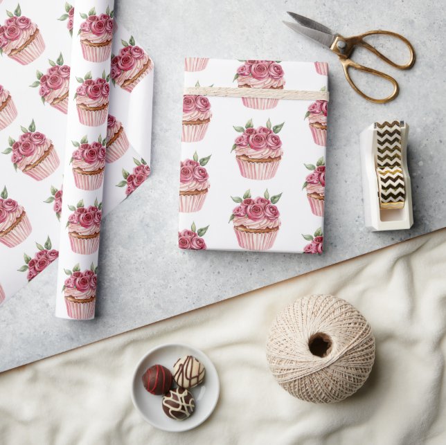 Pink Roses Floral Cupcakes Birthday Wrapping Paper (Crafts)