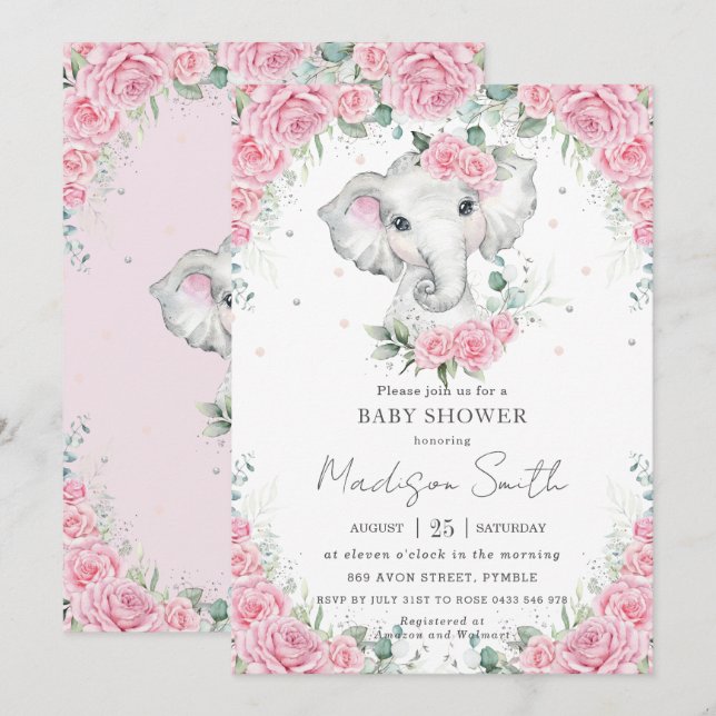 Pink Roses Floral Cute Elephant Baby Shower Invitation (Front/Back)