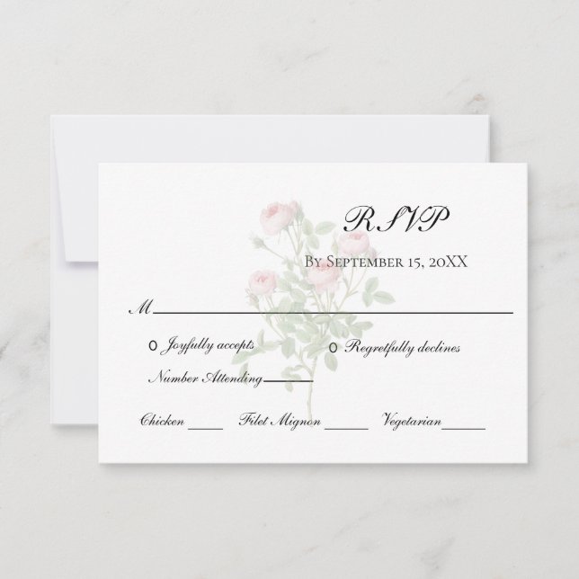 Pink Roses Floral Elegant Formal Classic Wedding RSVP Card (Front)
