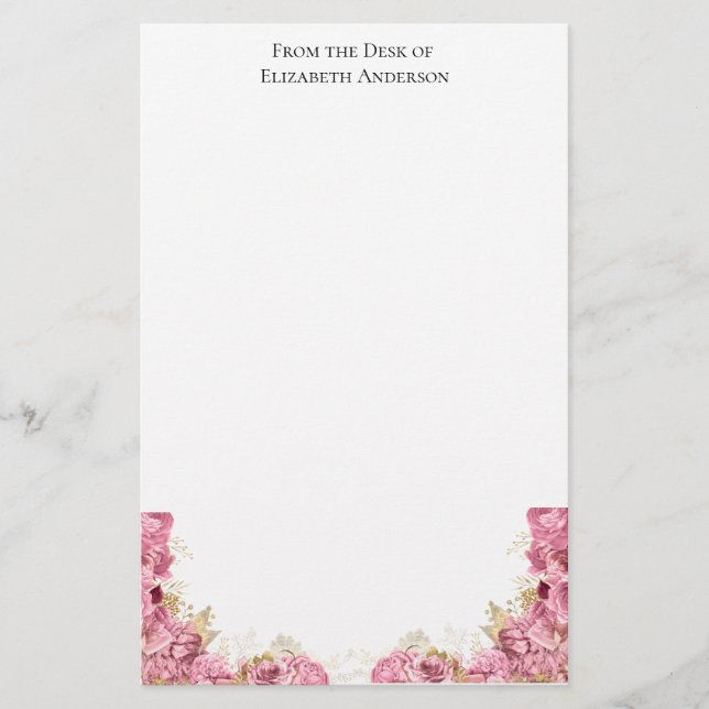 Pink Roses Floral Elegant Personalised Stationery (Front)
