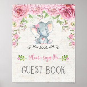 Pink Roses Floral Elephant Baby Guest Book Sign