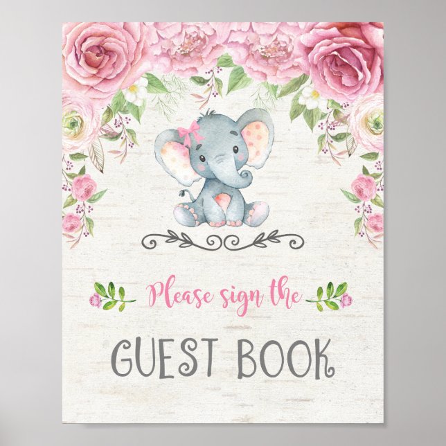 Pink Roses Floral Elephant Baby Guest Book Sign (Front)