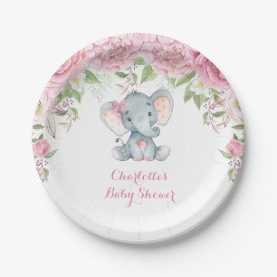 Pink Roses Floral Elephant Baby Shower 7" Plate