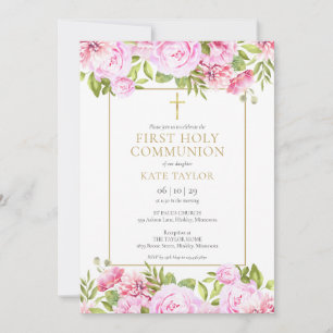 Pink Roses Floral First Holy Communion Invitation