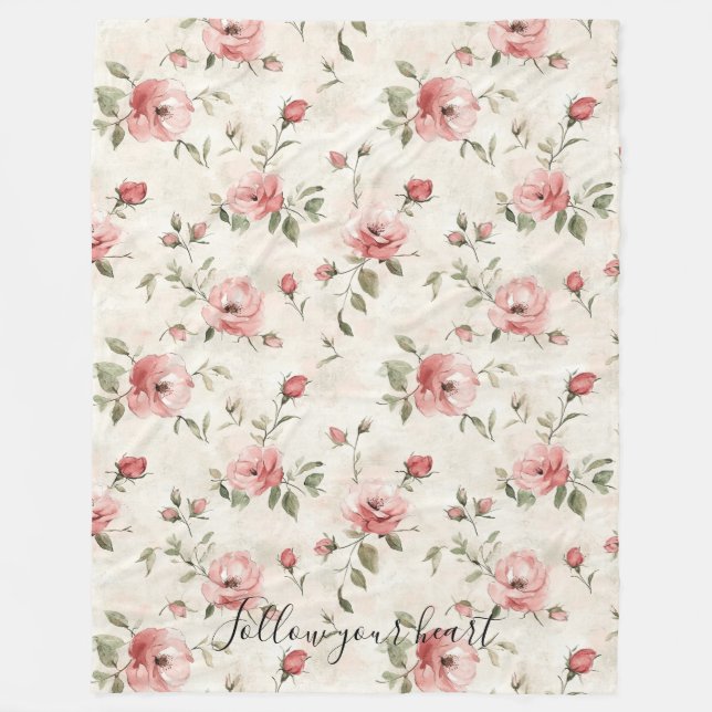 Pink Roses Floral  Fleece Blanket (Front)
