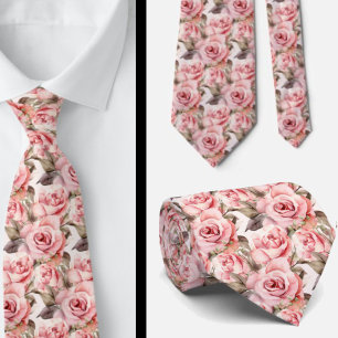 Pink Roses Floral Flowers Tie