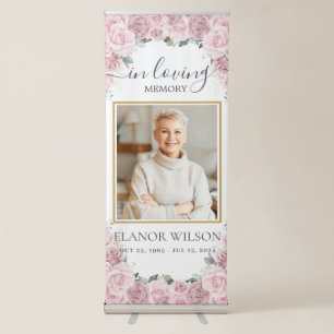 Pink Roses Floral Funeral Memorial Picture Photo Retractable Banner