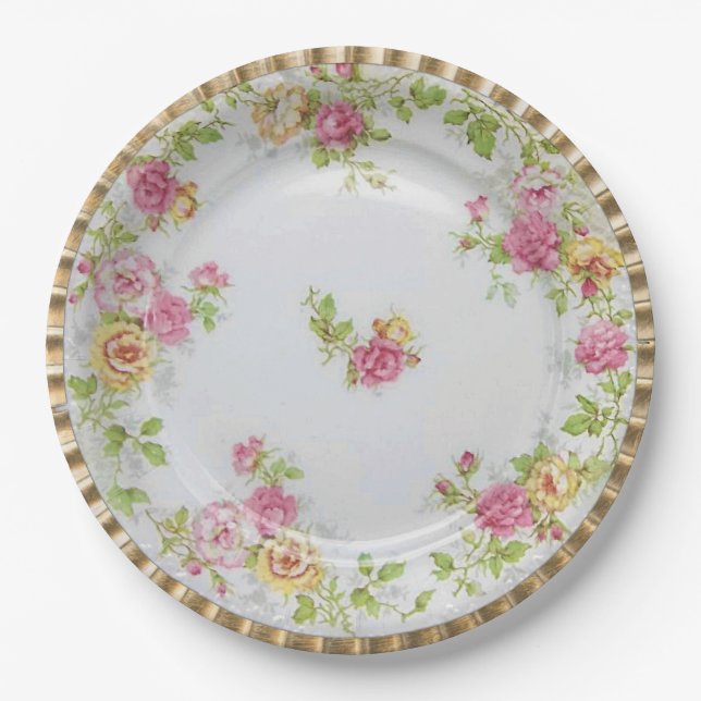 Pink Roses Floral Garden Party Paper Plates (Front)