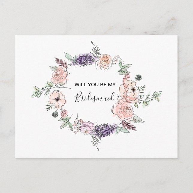 Pink Roses Floral Garland BRIDESMAID Invitation Postcard (Front)