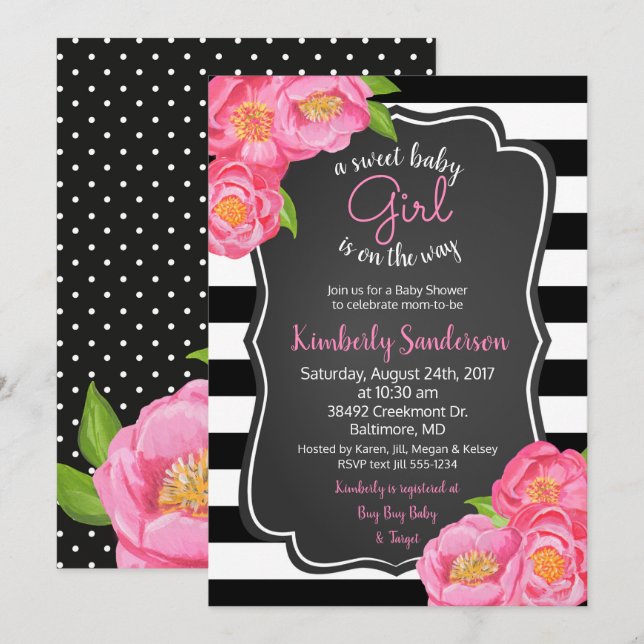 Pink Roses Floral Girl Black and White Baby Shower Invitation (Front/Back)