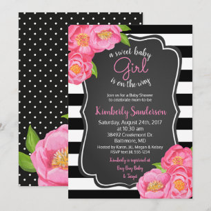 Pink Roses Floral Girl Black and White Baby Shower Invitation