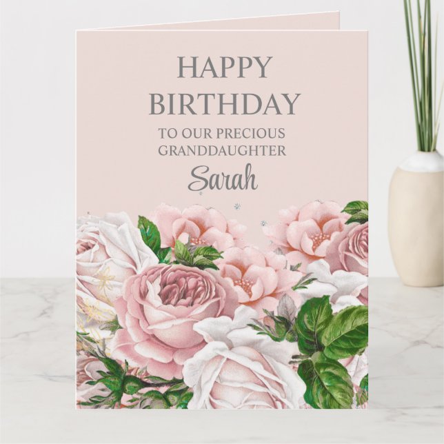 Pink Roses Floral Glitter Sweet 16 Grandparents Card (Front)