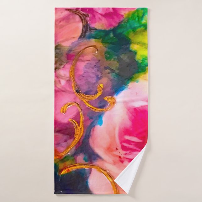 Pink Roses Floral Gold Art Nouveau Towel (Bath Towel)