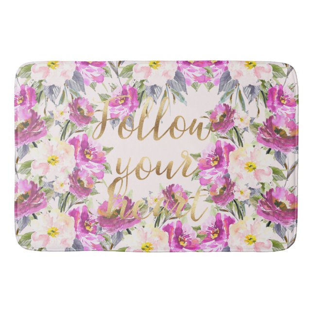 Pink Roses Floral Gold Follow Your Heart Bath Mat (Front)