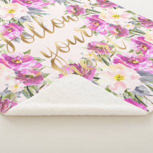 Pink Roses Floral Gold Follow Your Heart Sherpa Blanket