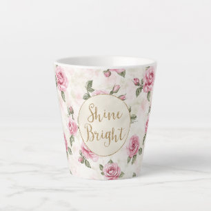 Pink Roses Floral Gold Glitter Shine Bright Latte Mug