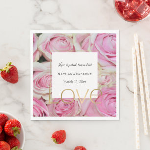 Pink Roses Floral Gold Love Wedding Napkin