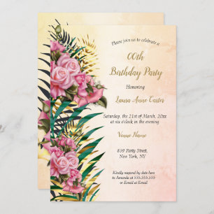 Pink Roses Floral Gold Palms Birthday Party Invitation