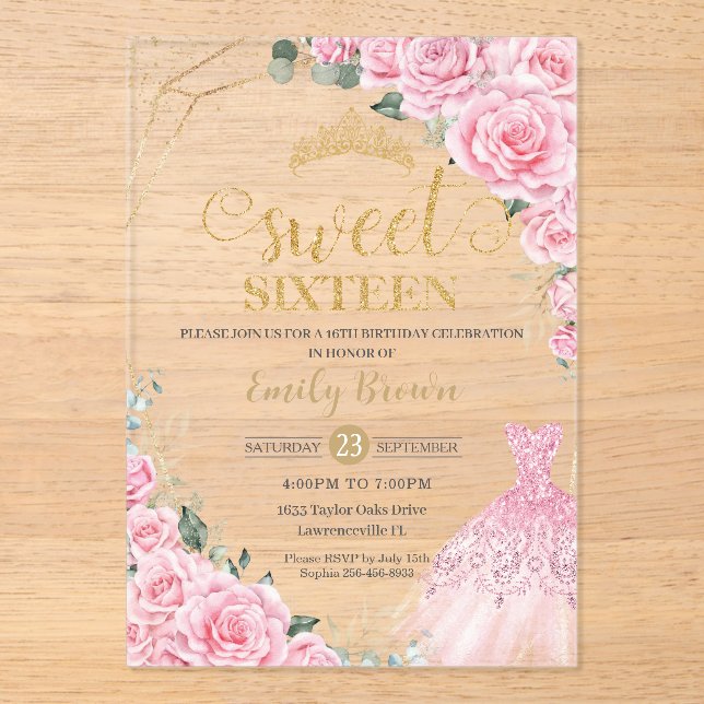 Pink Roses Floral Gold Princess Dress Sweet 16 Acrylic Invitations (Front)