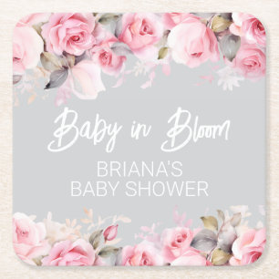 Pink Roses Floral Gray Girl Baby Shower Square Paper Coaster