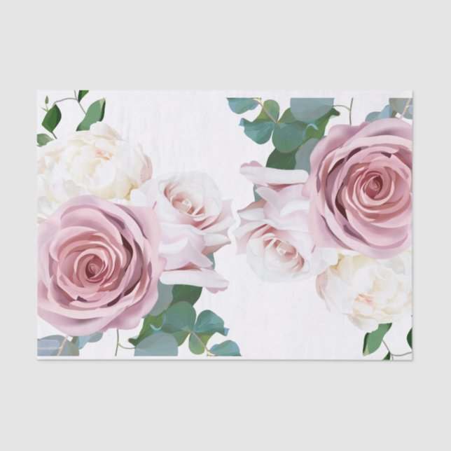 Pink Roses Floral Greenery Modern Wedding  Tissue Paper (Front)