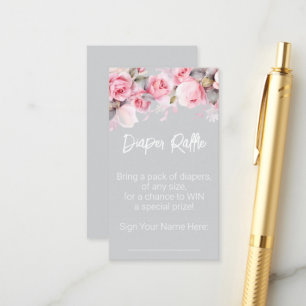 Pink Roses Floral Grey Baby Shower Diaper Raffle Enclosure Card