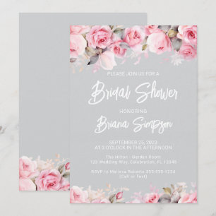 Pink Roses Floral Grey Bridal Shower Invitation