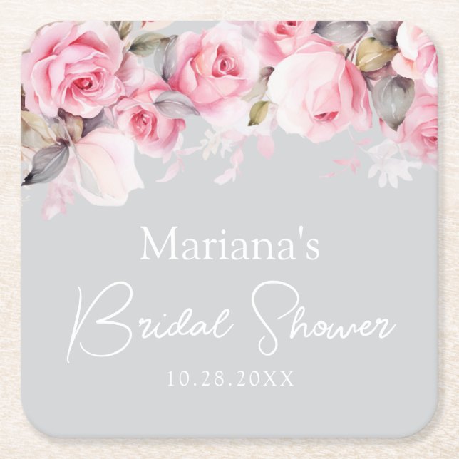 Pink Roses Floral Grey Square Paper Coaster (Front)