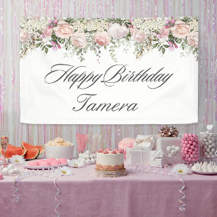 Pink Roses Floral Happy Birthday with Name Banner