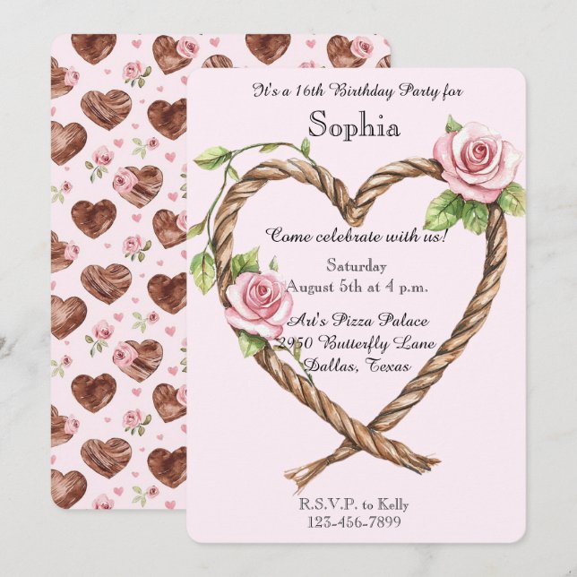 Pink Roses Floral Heart 16th Birthday Invitation (Front/Back)
