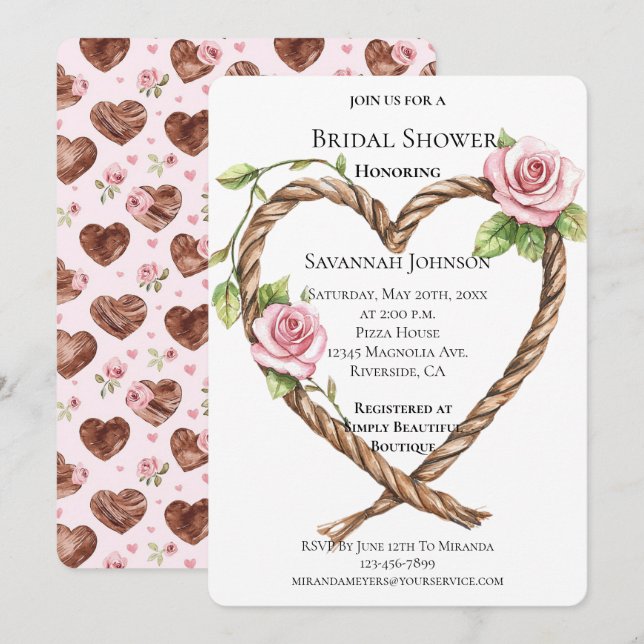 Pink Roses Floral Heart Southwest Bridal Shower Invitation (Front/Back)