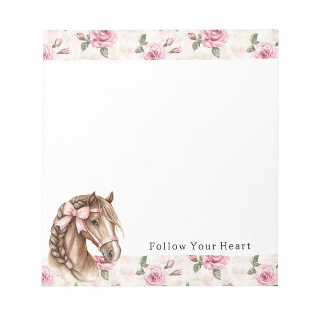 Pink Roses Floral Horse Bow Quote Notepad (Front)