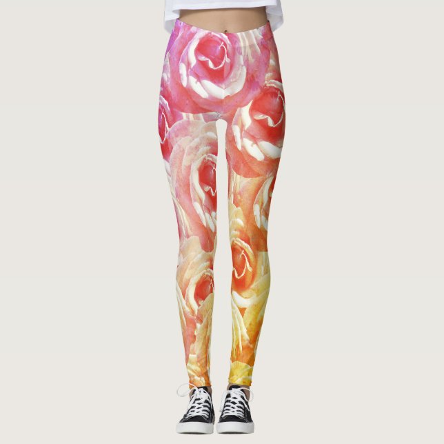 Pink Roses Floral Leggings (Front)