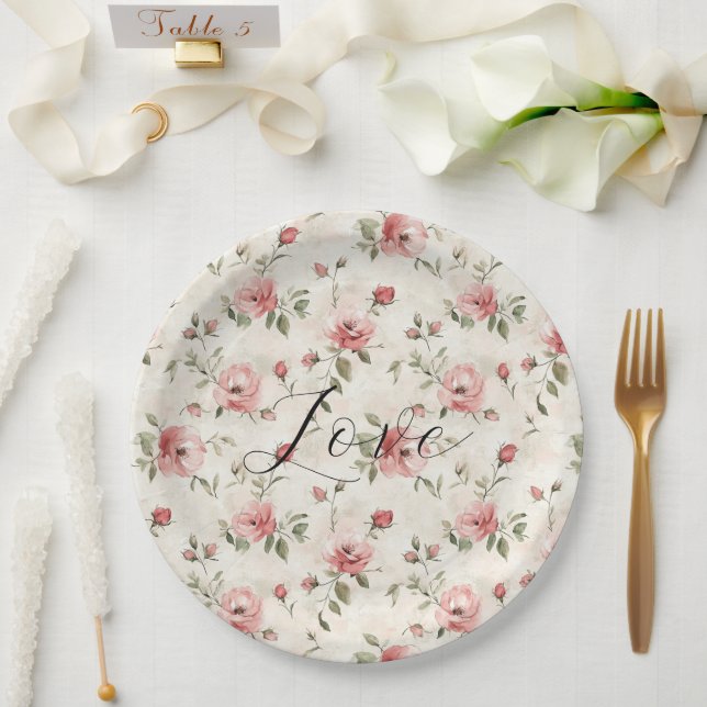 Pink Roses Floral Love Bridal Shower Paper Plate (Wedding)
