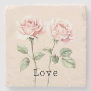 Pink Roses Floral Love Stone Coaster