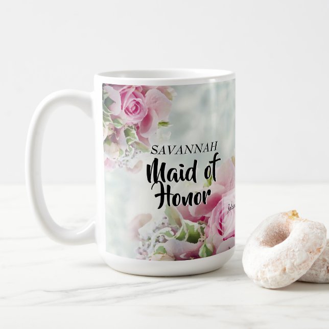 Pink Roses Floral Maid of Honour Wedding Favour Coffee Mug (With Donut)
